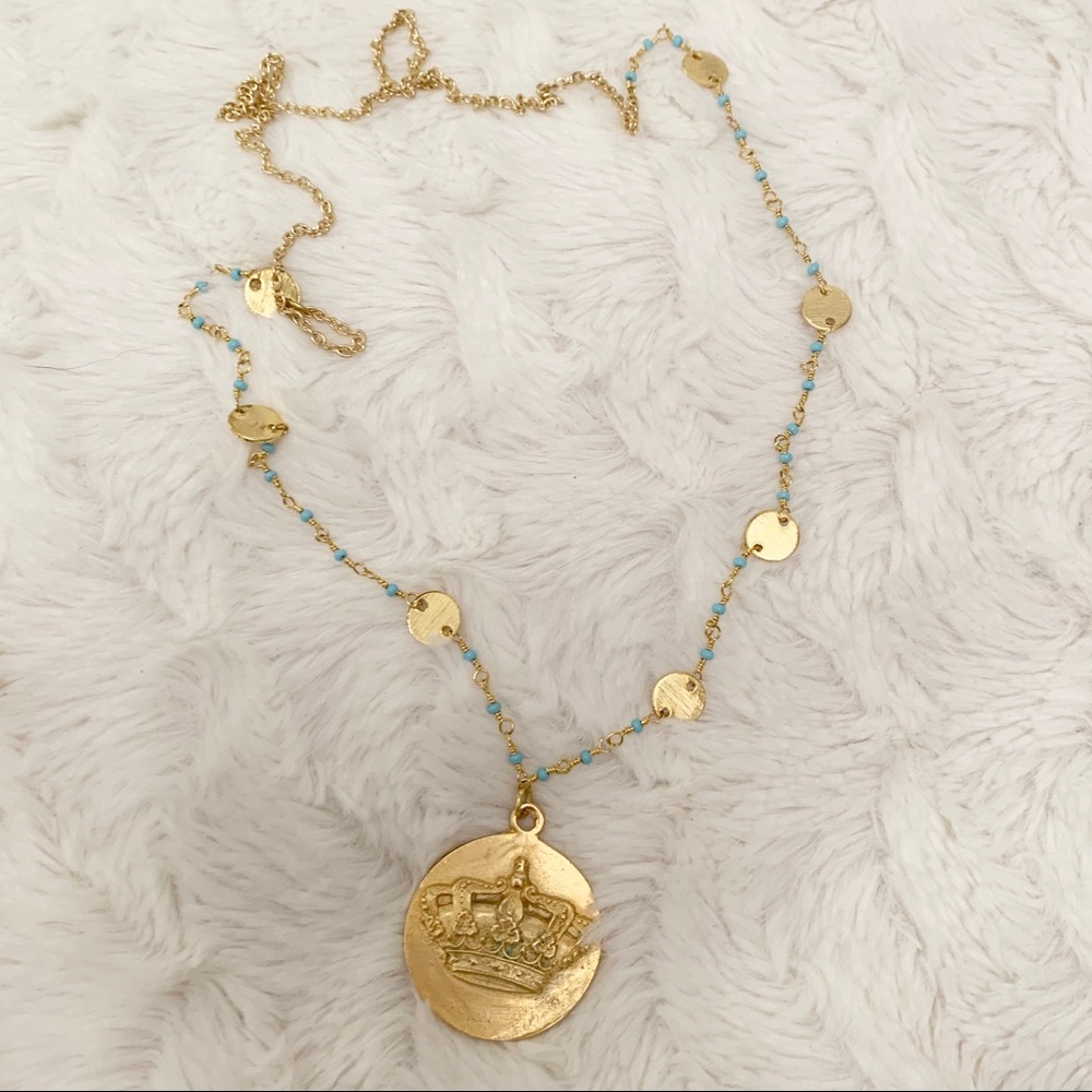 Long Vermeil & Turquoise Chain w/Crown Pendant - Picture 3 of 7